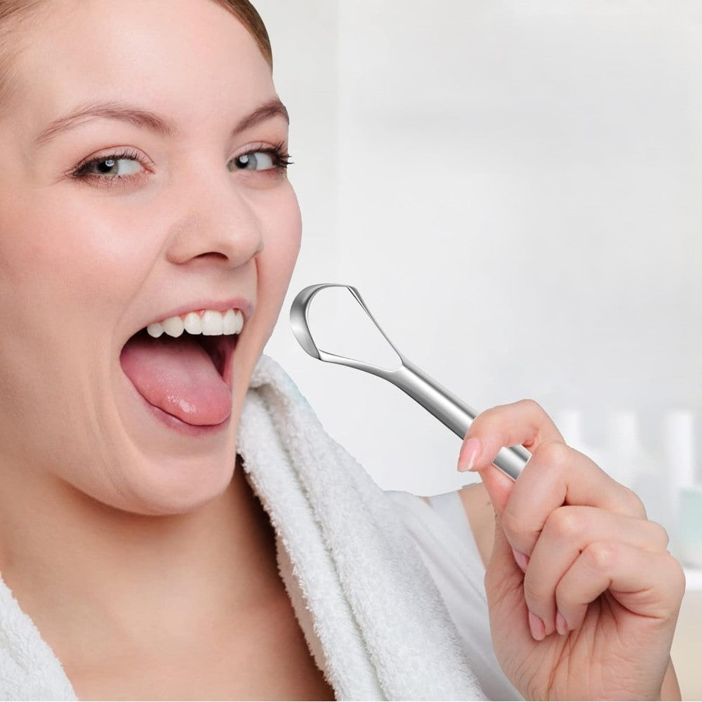 Silver stainless steel tongue scraper set of two for effective daily oral hygiene and residue removal