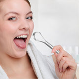 Silver stainless steel tongue scraper set of two for effective daily oral hygiene and residue removal