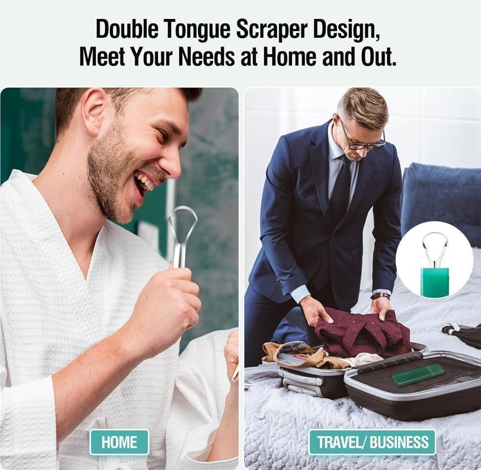 Silver stainless steel tongue scraper set of two for effective daily oral hygiene and residue removal