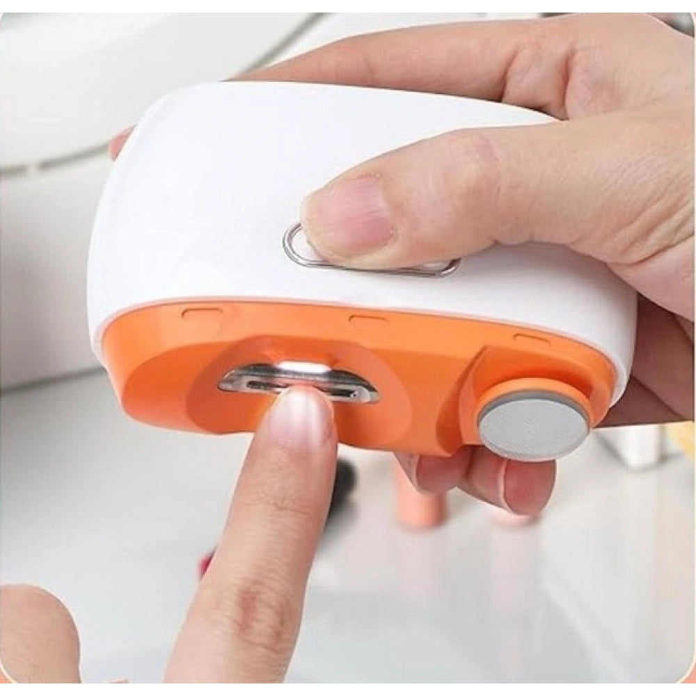 { "alt_text": "White electric nail clipper and polisher, automatic dual-button design, safe manicure tool" }