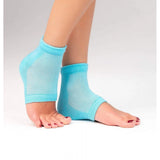 { "alt_text": "Blue cotton heel socks moisturizing gel socks for soft smooth feet, breathable foot care" }