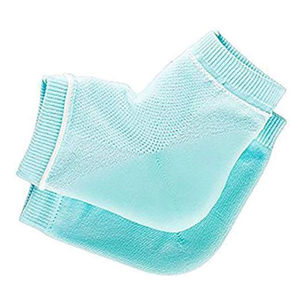 { "alt_text": "Blue cotton heel socks moisturizing gel socks for soft smooth feet, breathable foot care" }