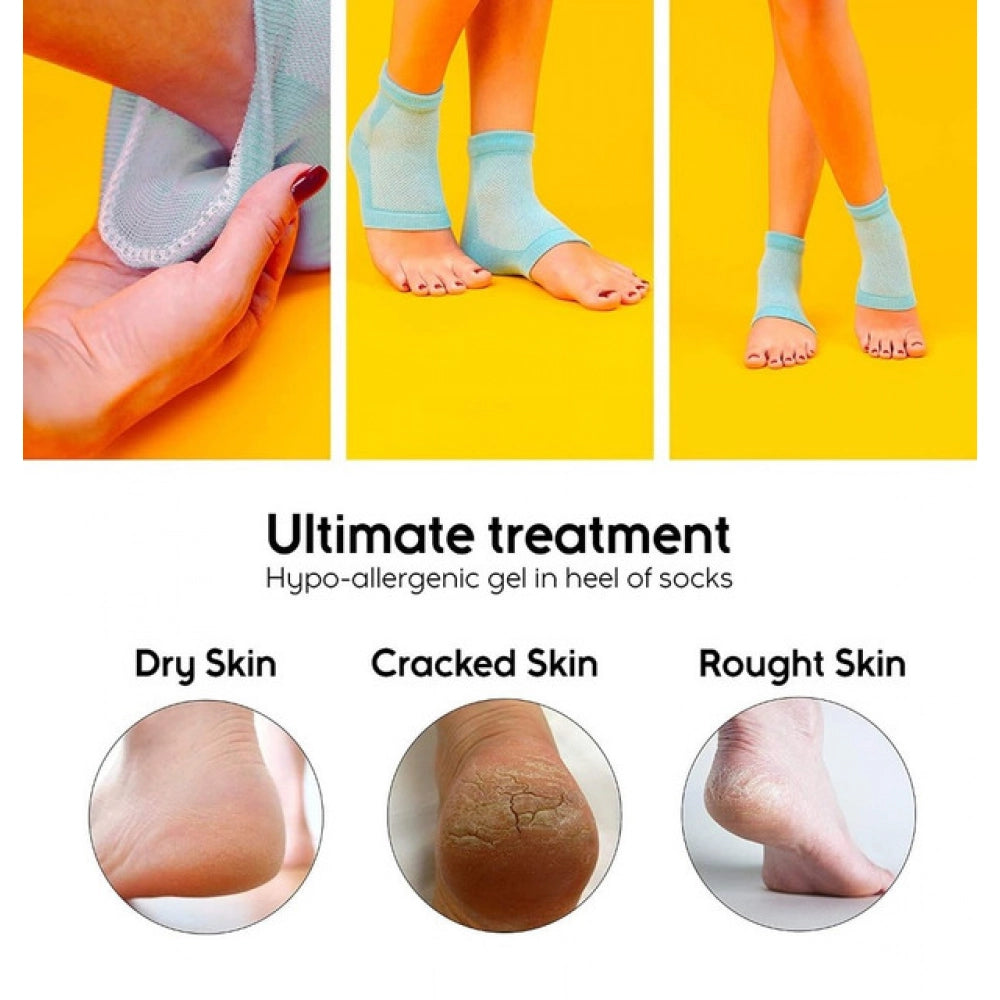{ "alt_text": "Blue cotton heel socks moisturizing gel socks for soft smooth feet, breathable foot care" }