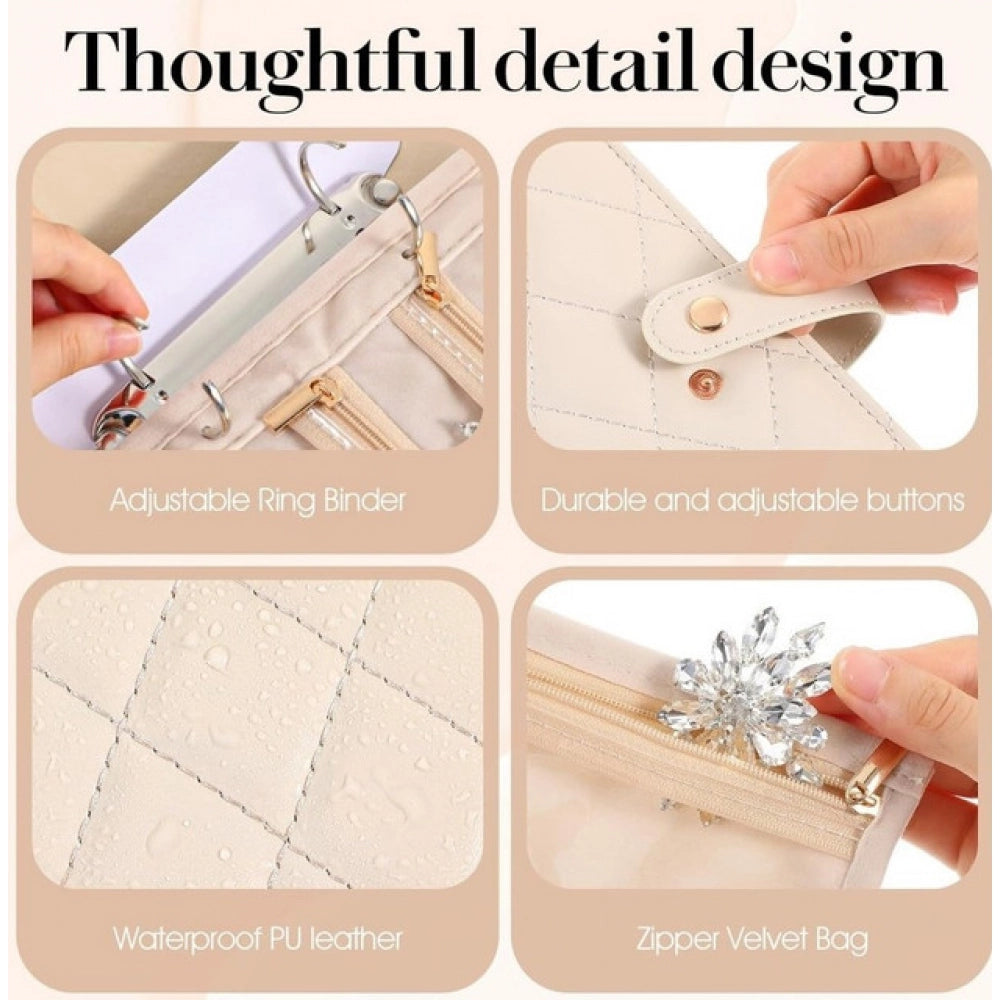 { "alt_text": "Beige PU leather jewelry organizer book with velvet interior, expandable jewelry storage box for women's accessories" }