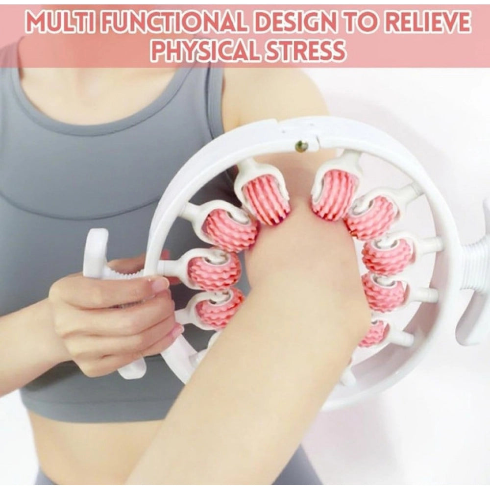 { "alt_text": "Pink massage roller massager with 12 balls for cellulite reduction, lymphatic drainage, and muscle relief" }