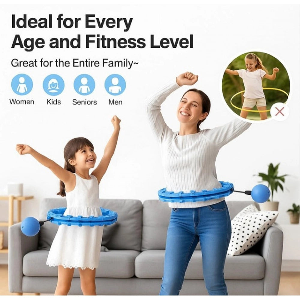 { "alt_text": "Blue hula hoop fitness equipment, adjustable waist trainer with gravity ball for weight loss core strength training" }