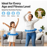 { "alt_text": "Blue hula hoop fitness equipment, adjustable waist trainer with gravity ball for weight loss core strength training" }