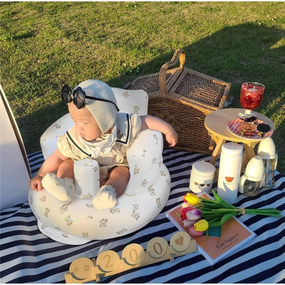 { "alt_text": "Multicolor inflatable baby sofa set with bathtub, suitable for 3+ months, promoting healthy posture" }