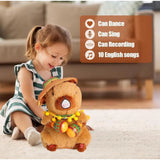 { "alt_text": "Brown plush capybara toy stuffed animal, singing musical pet for kids and adults, decorative nursery decor" }