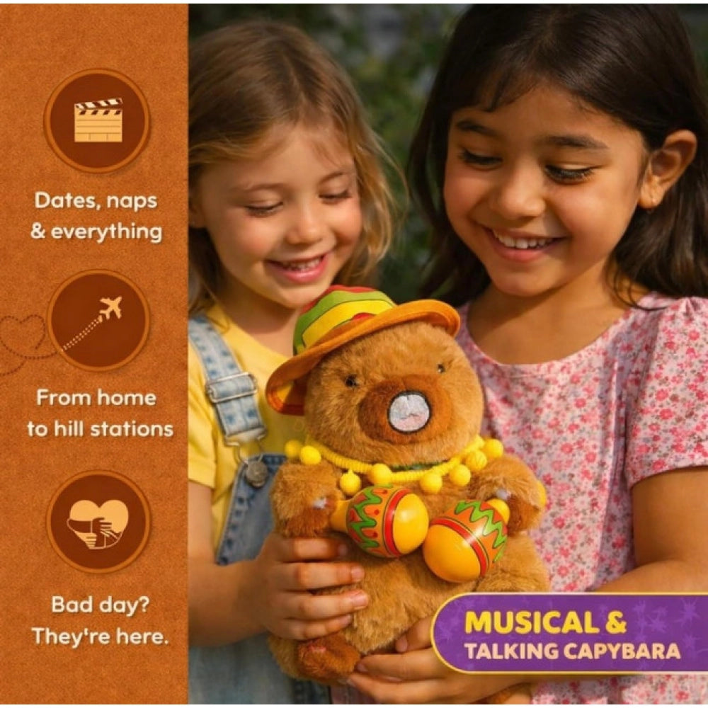 { "alt_text": "Brown plush capybara toy stuffed animal, singing musical pet for kids and adults, decorative nursery decor" }