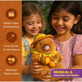 { "alt_text": "Brown plush capybara toy stuffed animal, singing musical pet for kids and adults, decorative nursery decor" }
