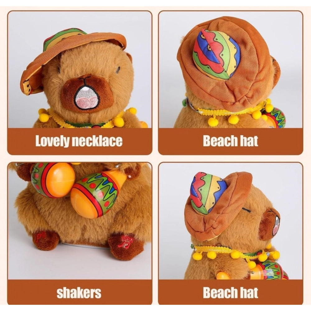 { "alt_text": "Brown plush capybara toy stuffed animal, singing musical pet for kids and adults, decorative nursery decor" }