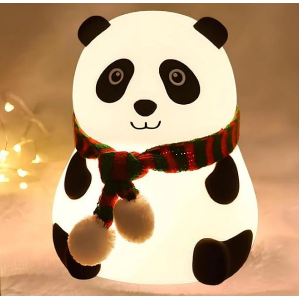 { "alt_text": "White silicone panda lamp for kids' room decor, rechargeable nightlight with 7-color breathing mode" }