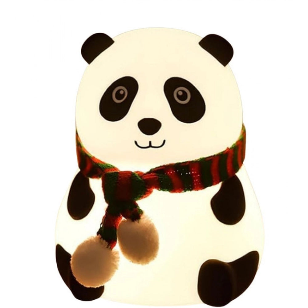 { "alt_text": "White silicone panda lamp for kids' room decor, rechargeable nightlight with 7-color breathing mode" }