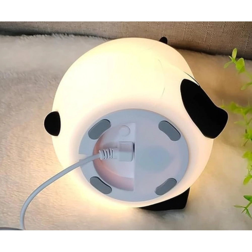 { "alt_text": "White silicone panda lamp for kids' room decor, rechargeable nightlight with 7-color breathing mode" }