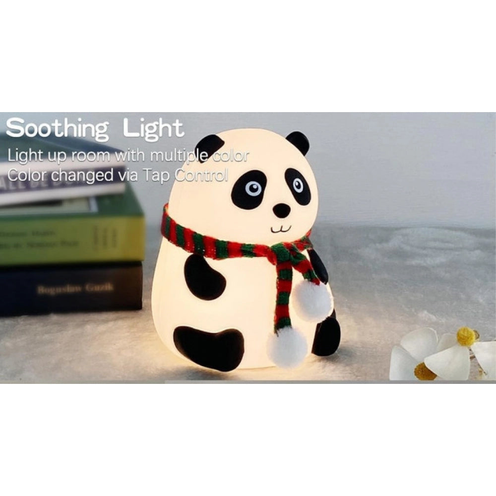 { "alt_text": "White silicone panda lamp for kids' room decor, rechargeable nightlight with 7-color breathing mode" }