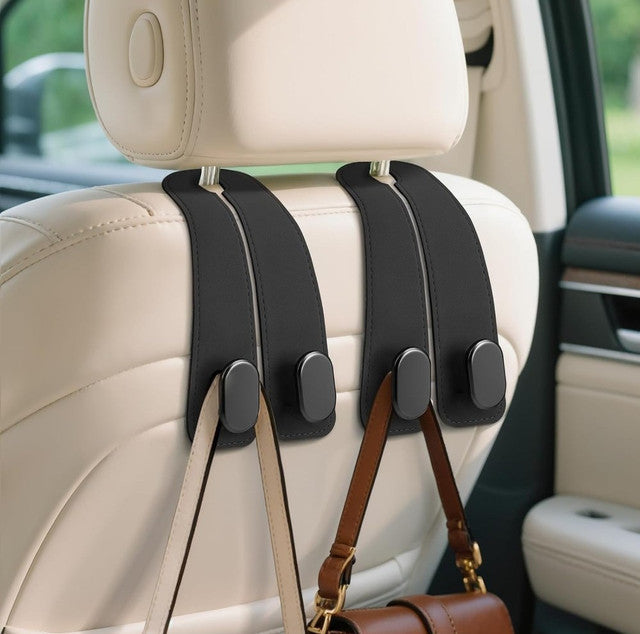Black PU leather car seat headrest hooks with heavy-duty double metal hooks for organizing bags and bottles