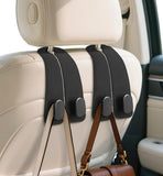Black PU leather car seat headrest hooks with heavy-duty double metal hooks for organizing bags and bottles