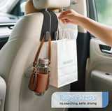 Black PU leather car seat headrest hooks with heavy-duty double metal hooks for organizing bags and bottles