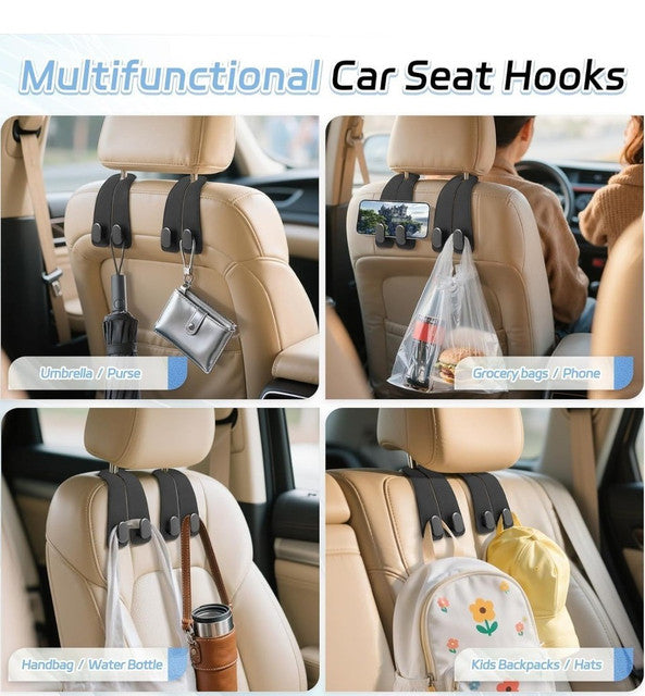 Black PU leather car seat headrest hooks with heavy-duty double metal hooks for organizing bags and bottles