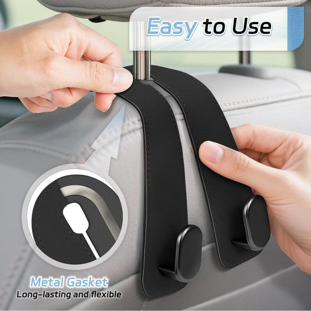 Black PU leather car seat headrest hooks with heavy-duty double metal hooks for organizing bags and bottles