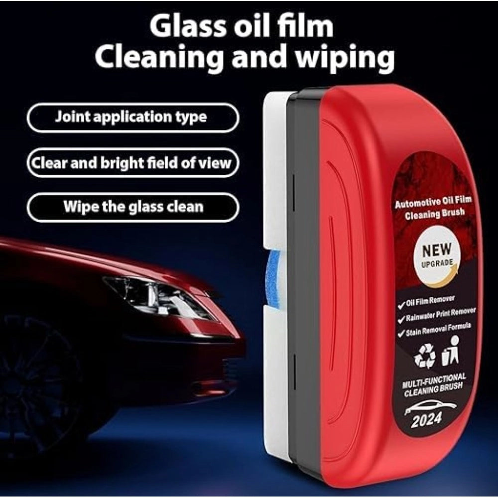 { "alt_text": "Red black nylon auto windshield cleaning brush for removing oil film, water spots, and automotive glass grime" }