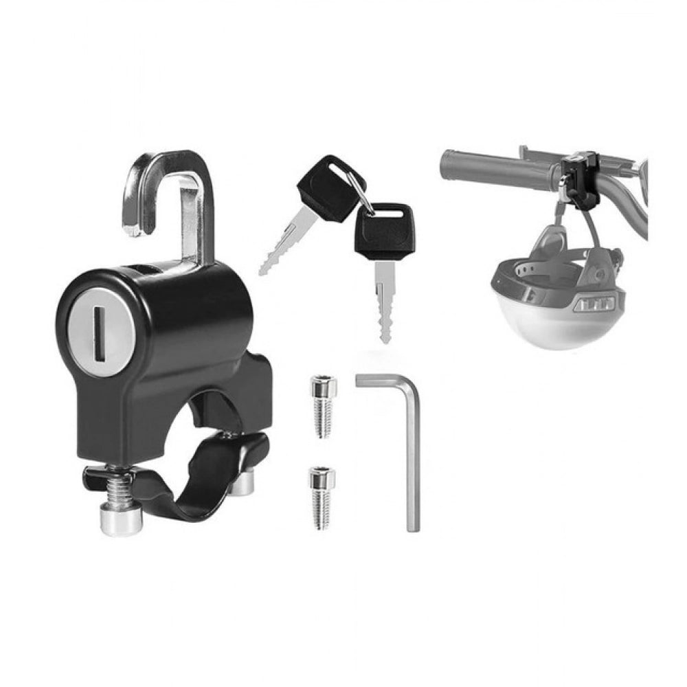 { "alt_text": "Black metal motorcycle helmet lock set of 2, durable anti-theft security accessory for bikes and scooters" }