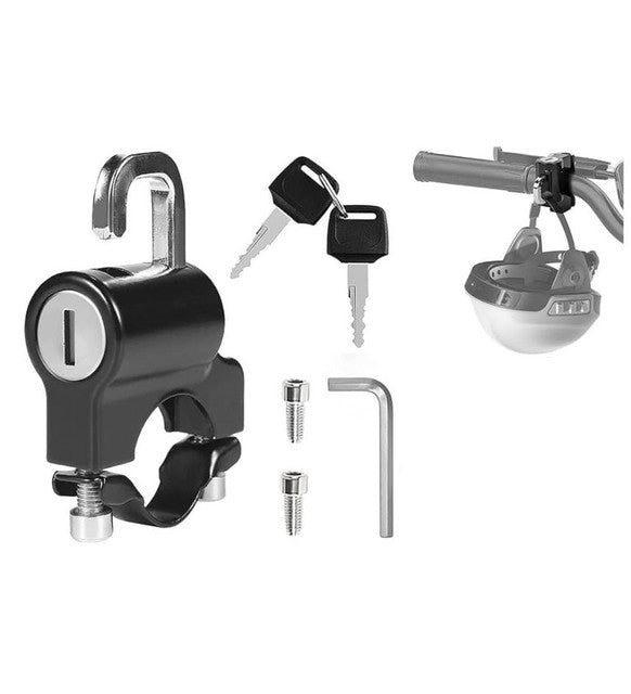 Black metal clamp-on security lock for motorcycles, scooters, and bicycles with two keys