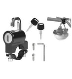 Black metal clamp-on security lock for motorcycles, scooters, and bicycles with two keys
