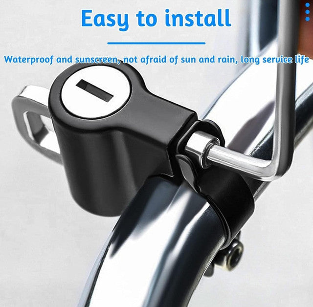 Black metal clamp-on security lock for motorcycles, scooters, and bicycles with two keys