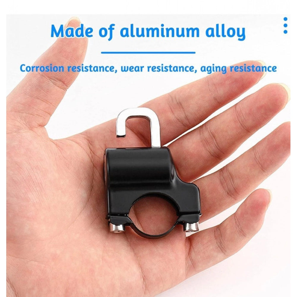 { "alt_text": "Black metal motorcycle helmet lock set of 2, durable anti-theft security accessory for bikes and scooters" }
