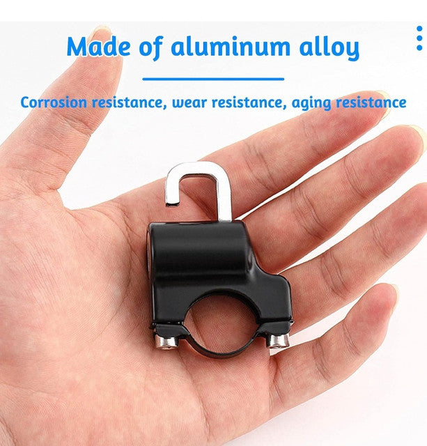 Black metal clamp-on security lock for motorcycles, scooters, and bicycles with two keys