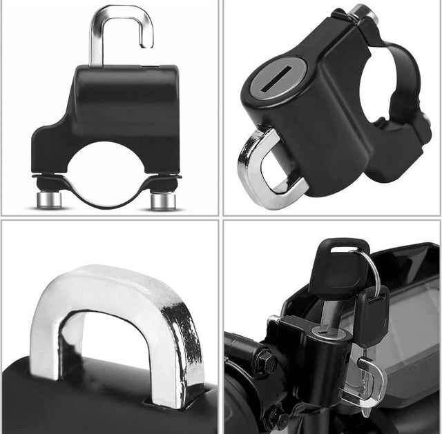 Black metal clamp-on security lock for motorcycles, scooters, and bicycles with two keys