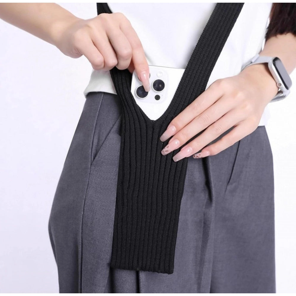 { "alt_text": "Multicolor knitted pocket long case for iPhone, stylish phone accessory, durable carrying solution" }
