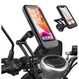 Black waterproof mobile phone holder with adjustable clamp for secure bike mounting, full rotational capability, and protection from rain, dust, and debris