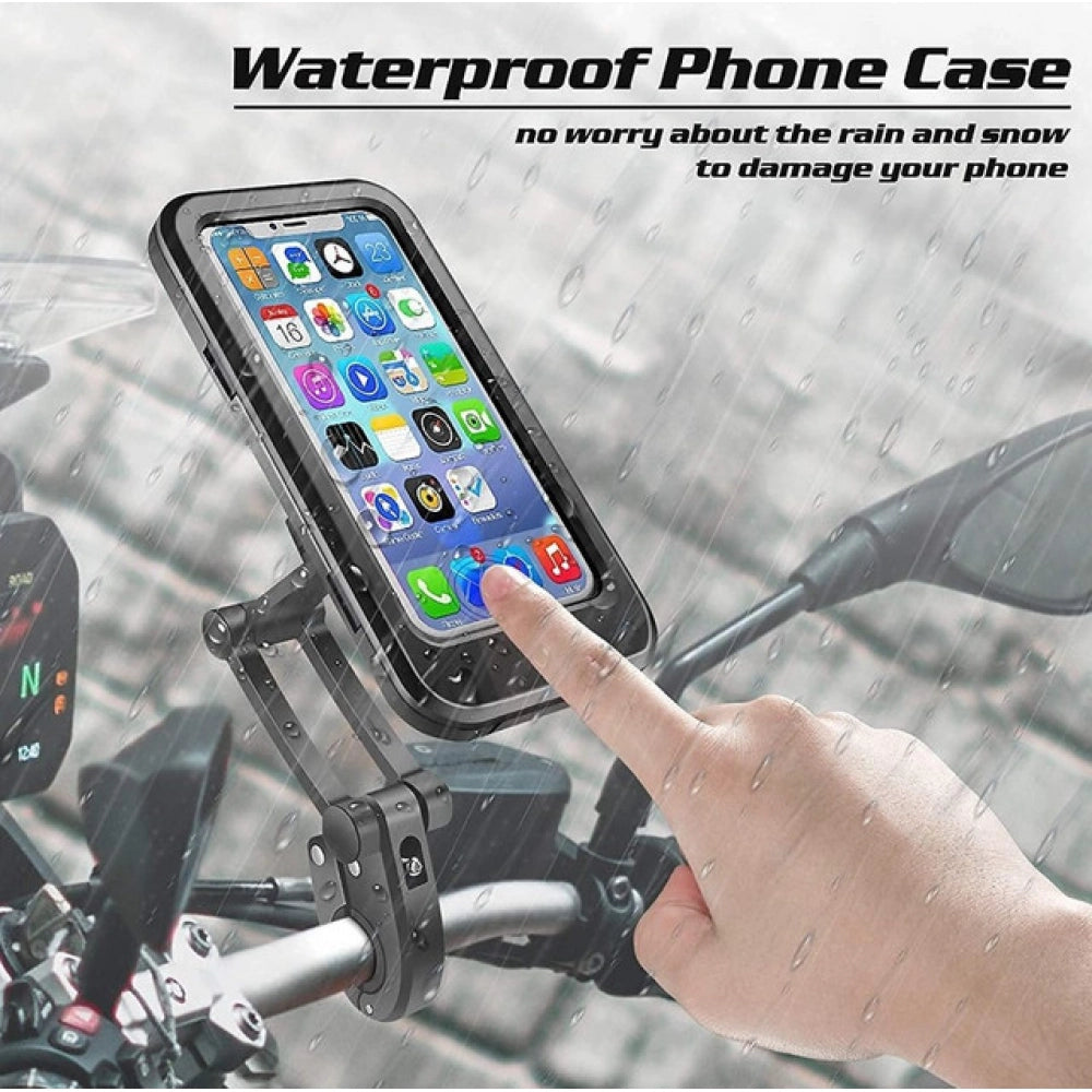 Black waterproof mobile phone holder for motorcycles with adjustable clamp and full rotation for optimal viewing angle
