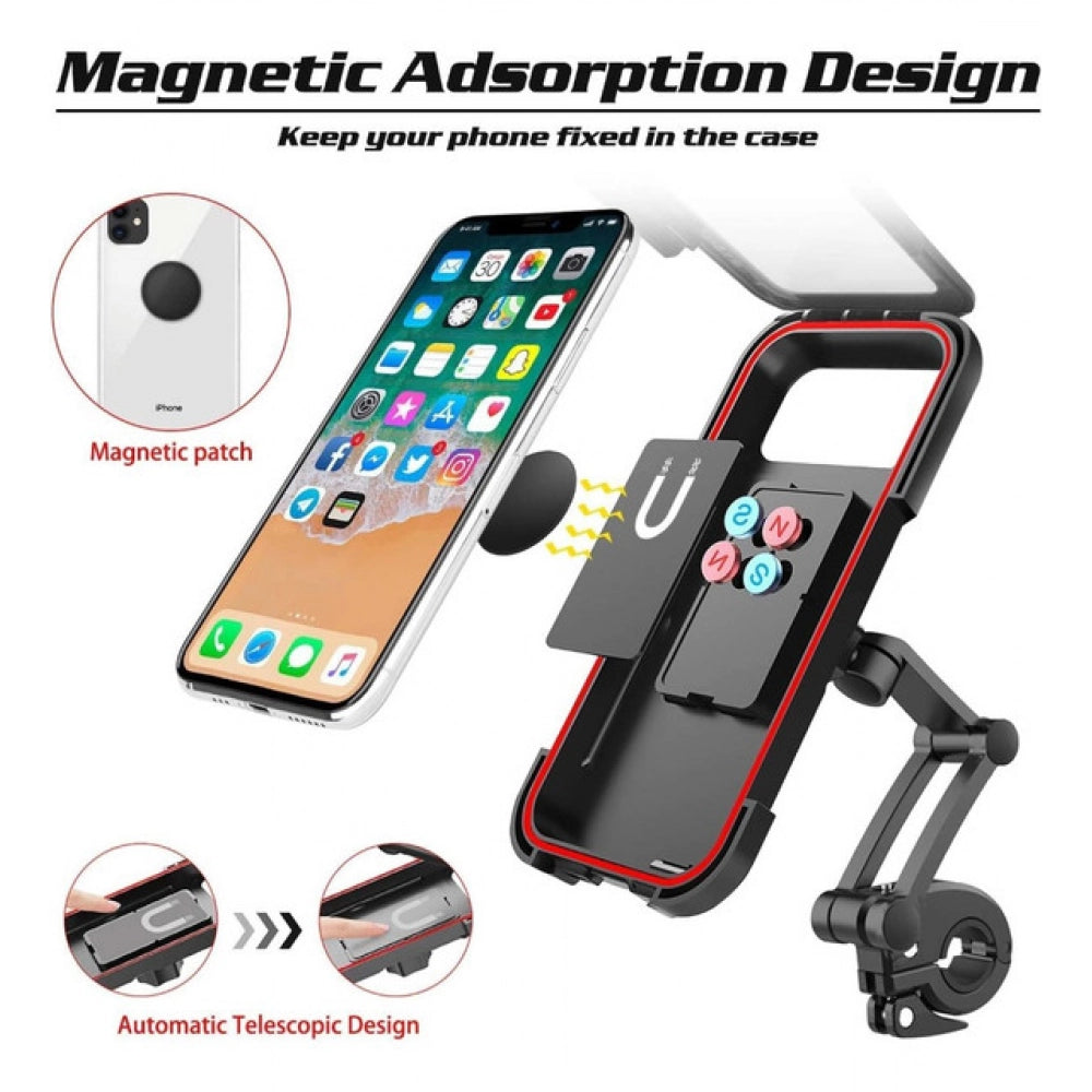 Black waterproof mobile phone holder with adjustable handlebar clamp for motorcycles. Protective case design provides full rotational capability and shields device from rain, dust, and road debris