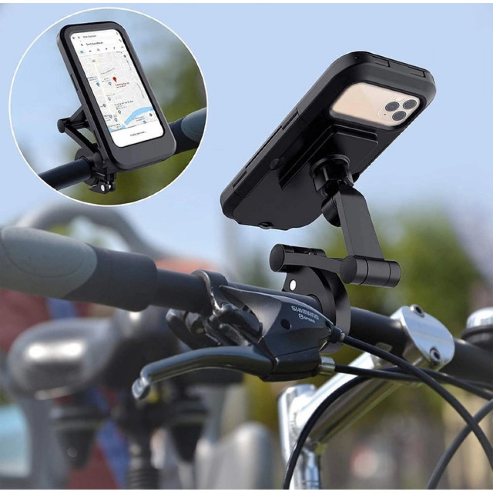 Black waterproof mobile phone holder with adjustable clamp for motorcycles, offers full rotation for optimal viewing angle and protects device from rain, dust, and debris