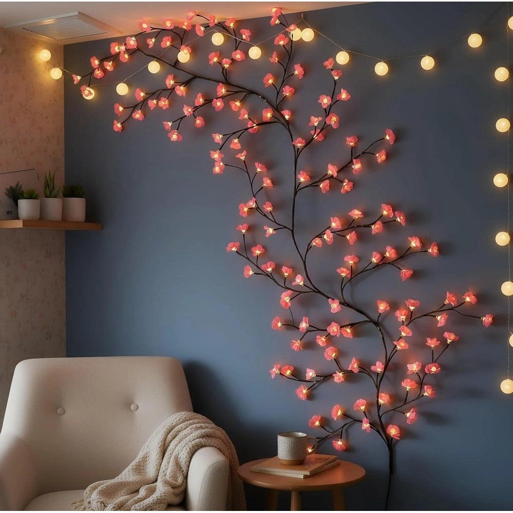 { "alt_text": "Multicolor LED vine light, bendable floral wall decor, warm yellow pink glow for bedroom mood lighting" }