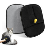 Black mesh and gray fabric pet hair remover glove for cleaning furniture, bedding, and gentle grooming