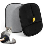 Black mesh and gray fabric pet hair remover glove for cleaning furniture, bedding, and gentle grooming