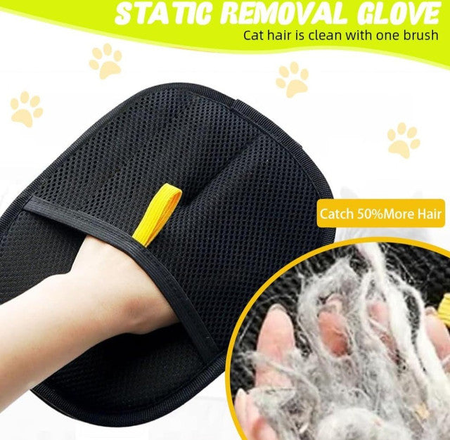 Black mesh and gray fabric pet hair remover glove for cleaning furniture, bedding, and gentle grooming