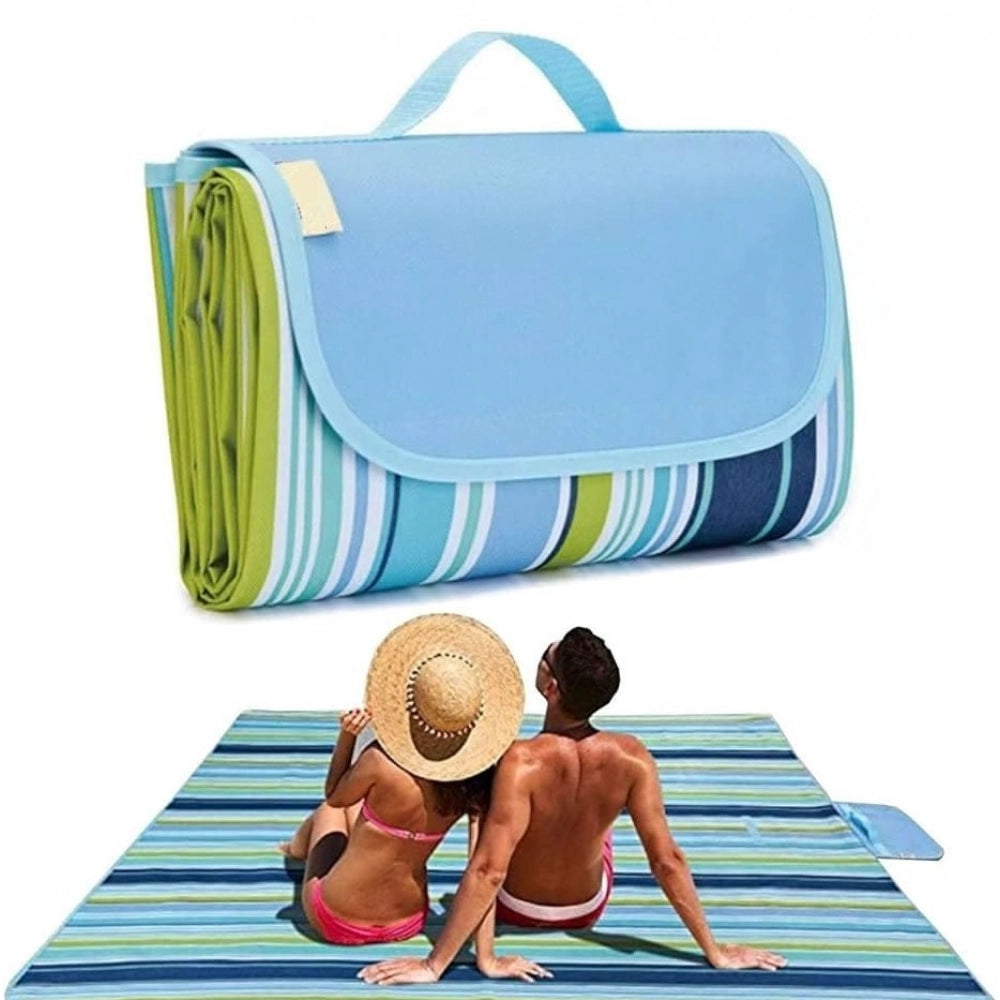 { "alt_text": "Blue smooth fabric picnic mat, spacious portable ground cover for family outings and camping" }