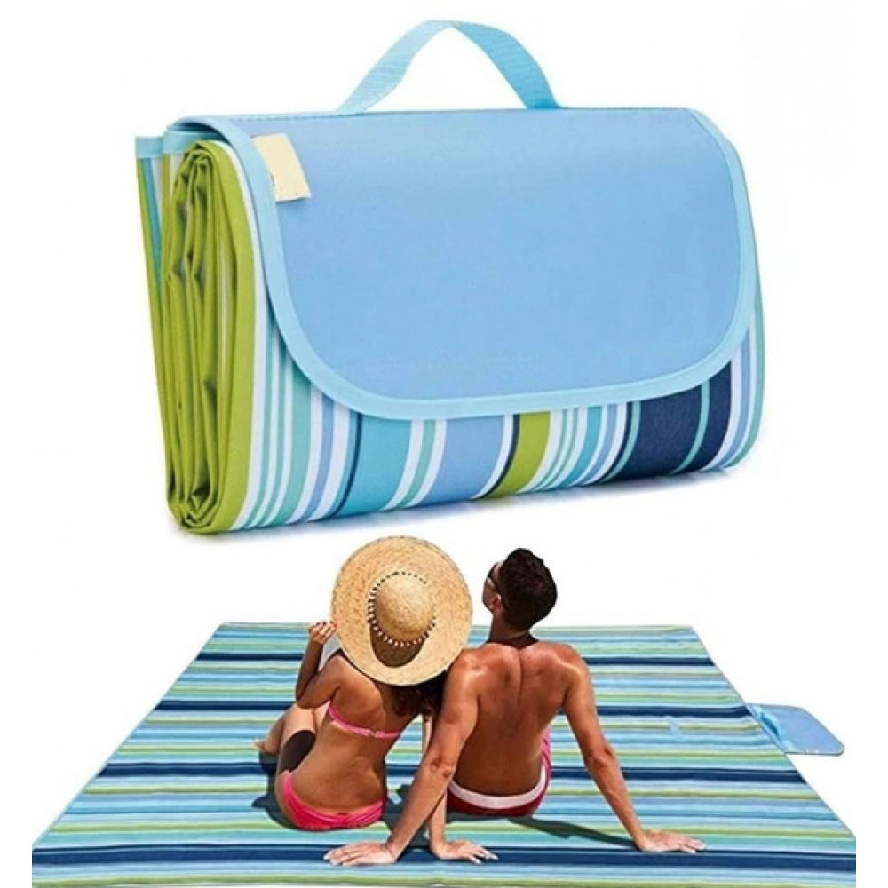 { "alt_text": "Blue smooth fabric picnic mat, spacious portable ground cover for family outings and camping" }