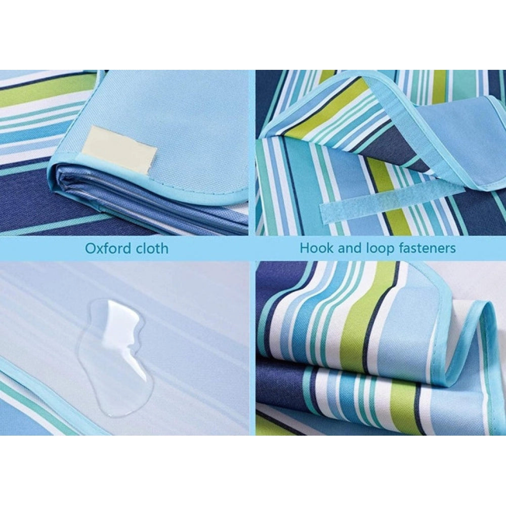 { "alt_text": "Blue smooth fabric picnic mat, spacious portable ground cover for family outings and camping" }