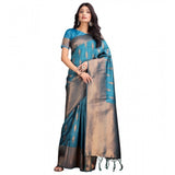 Women's Banarasi Silk Printed Saree With Unstitched Blouse 5.5Mtr (Blue)