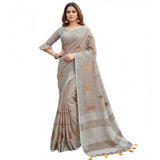 Women's Linen Embroidered Saree With Unstitched Blouse 5.5Mtr (Light Beige)