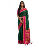 Women's Silk Blend Printed Saree With Unstitched Blouse 5.5Mtr (Dark Green-Pink)