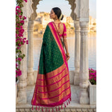 Women's Silk Blend Printed Saree With Unstitched Blouse 5.5Mtr (Dark Green-Pink)