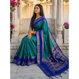 Women's Silk Blend Printed Saree With Unstitched Blouse 5.5Mtr (Teal-Blue)